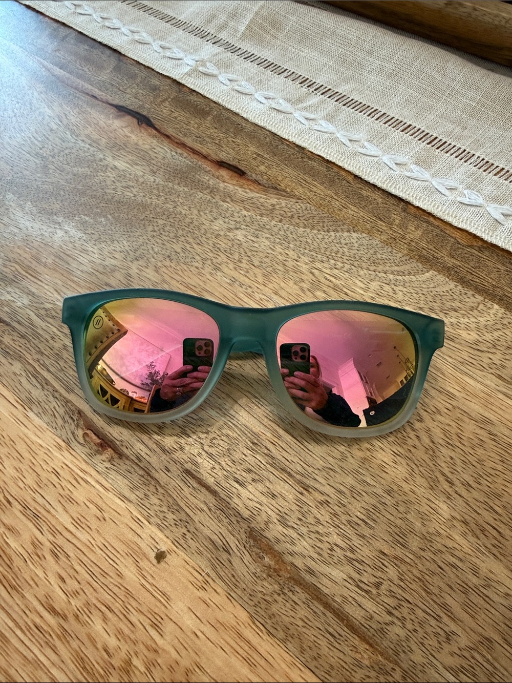Women’s Green Frame Sunglasses with Pink Mirrored Lenses